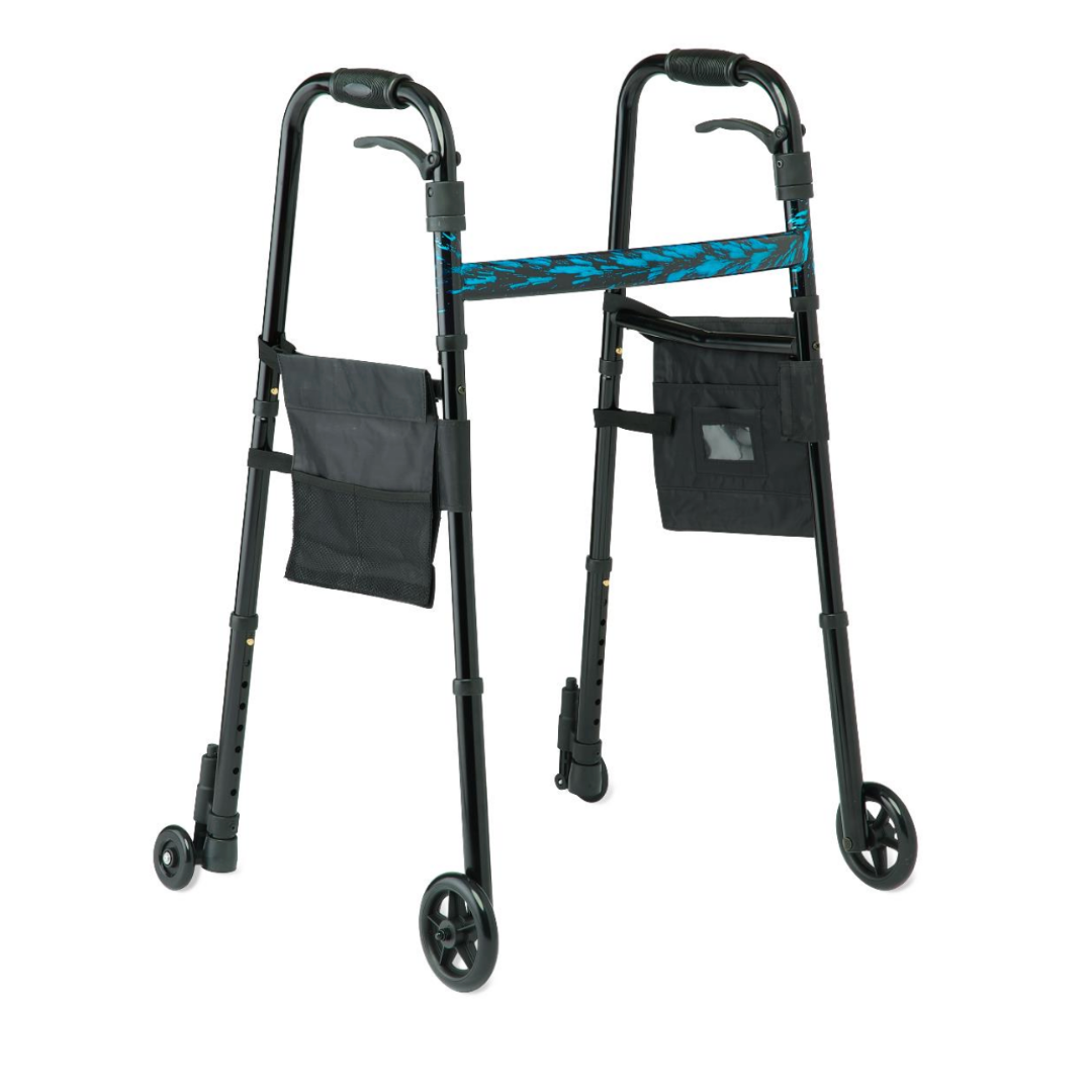 The Medline Folding Trigger Walker features 5 wheels, height-adjustable legs, black side bags, and a blue-patterned crossbar for extra support and style.